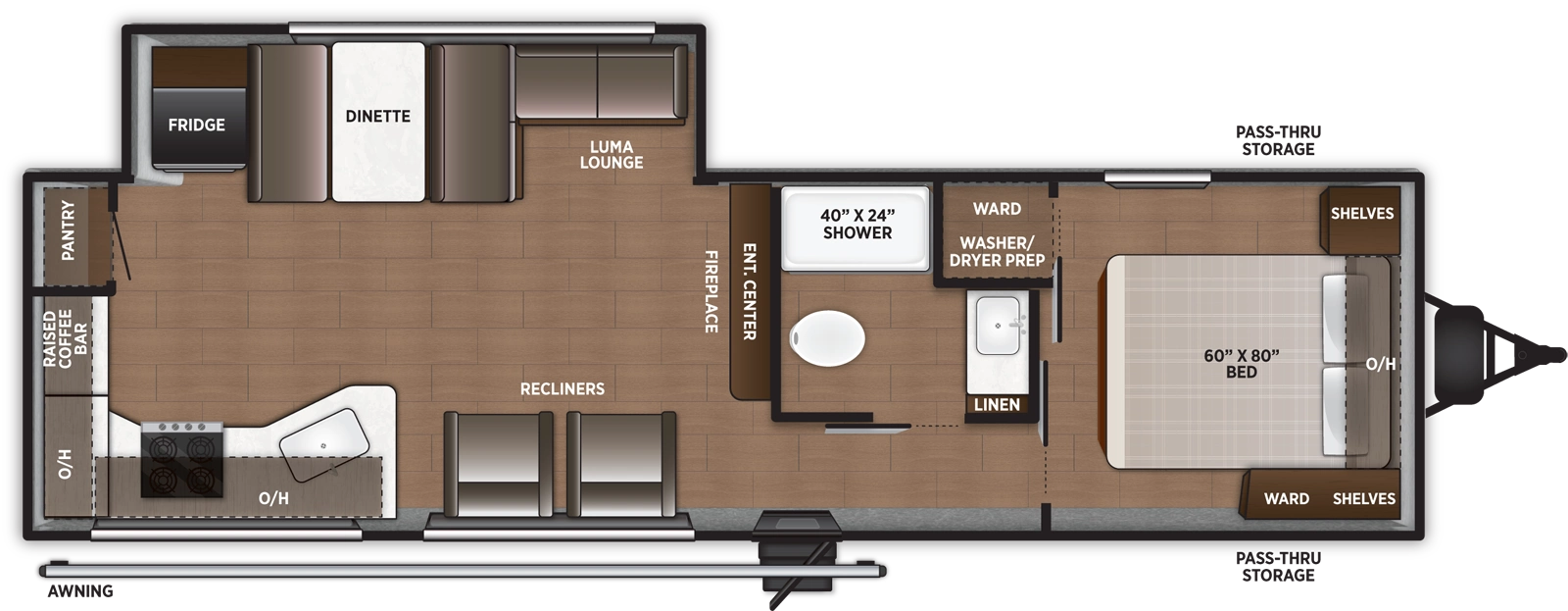 The Airelume 270 floorplan has one entry and one slide out. Exterior features include: metal exterior and 18' awning. Interiors features include: rear kitchen and front bedroom.